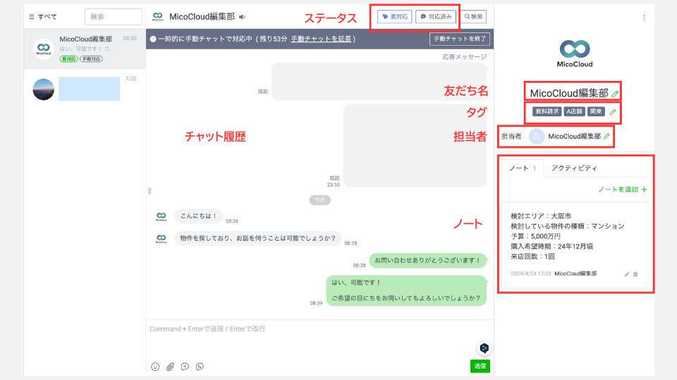 チャット機能による顧客管理の説明